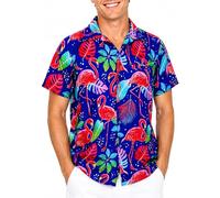 King Kameha Camisa Hawaiana Hombre de Manga Corta con Estampado de de Flamenco Colorido, Funky-Flamingos, Azul, XXL