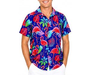 King Kameha Camisa Hawaiana Hombre de Manga Corta con Estampado de de Flamenco Colorido, Funky-Flamingos, Azul, XXL