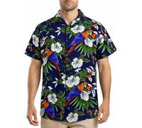 King Kameha Camisa Hawaiana Hombre de Manga Corta con Estampado de Loro y Cereza, Cherryparrot, Azul Oscuro, S