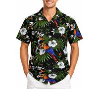 King Kameha Camisa Hawaiana Hombre de Manga Corta con Estampado de Loro y Cereza, Cherryparrot, Negro, XS