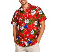 King Kameha Camisa Hawaiana Hombre de Manga Corta con Estampado de Loro y Cereza, Cherryparrot, Rojo, XXL