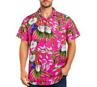 King Kameha Camisa Hawaiana Hombre de Manga Corta con Estampado de Loro y Cereza, Cherryparrot, Rosa, M
