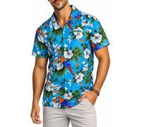 King Kameha Camisa Hawaiana Hombre de Manga Corta con Estampado de Loro y Cereza, Cherryparrot, Turquesa, S