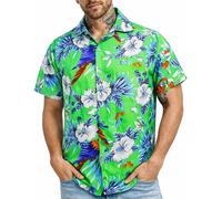 King Kameha Camisa Hawaiana Hombre de Manga Corta con Estampado de Loro y Cereza, Cherryparrot, Verde, 6XL