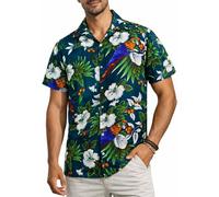 King Kameha Camisa Hawaiana Hombre de Manga Corta con Estampado de Loro y Cereza, Cherryparrot, Verde petróleo, XL