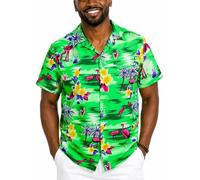 King Kameha Camisa Hawaiana Hombre de Manga Corta con Estampado Tropical de Palmeras y Flamencos, Flamingos, Verde-Fuerte, 6XL