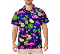 King Kameha Camisa Hawaiana Hombre de Manga Corta, Flamingo Melon, Azul, 6XL