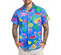 King Kameha Camisa Hawaiana Hombre de Manga Corta, Flamingo Melon, Azul Índigo, XS