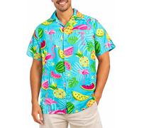 King Kameha Camisa Hawaiana Hombre de Manga Corta, Flamingo Melon, Turquesa, 3XL