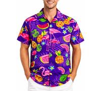 King Kameha Camisa Hawaiana Hombre de Manga Corta, Flamingo Melon, Violeta, 6XL