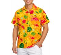 King Kameha Camisa Hawaiana Hombre Manga Corta, Flamingo Melon, Amarillo, 6XL