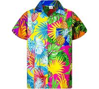 King Kameha Camisa hawaiana informal y llamativa para niños y niñas, con bolsillo frontal, manga corta, unisex, estampado de hojas de piña y palmas, 2 años
