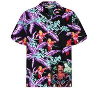 King Kameha Camisa hawaiana original para hombre, manga corta, bolsillo frontal, diseño hawaiano Magnum Tom Selleck Print, Tom Selleck Jungle Bird Negro, XL