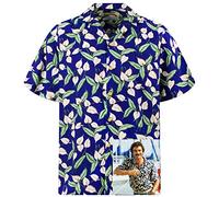King Kameha Camisa hawaiana original para hombre, manga corta, bolsillo frontal, diseño hawaiano Magnum Tom Selleck Print, Tom Selleck Green Leaves Blue, S