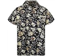 KING KAMEHA Camisa hawaiana para hombre, estilo casual, con botones, manga corta, unisex, para Halloween, Día de los Muertos, fiesta, calaveras, impresión, nuevo, Estampado Calaveras Sepia Negro,