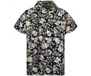 KING KAMEHA Camisa hawaiana para hombre, estilo casual, con botones, manga corta, unisex, para Halloween, Día de los Muertos, fiesta, calaveras, impresión, nuevo, Estampado Calaveras Sepia Negro,