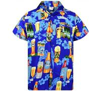 KING KAMEHA Camisa hawaiana para hombre, estilo informal, con botones, manga corta, unisex, estampado de flores, playa, fiesta, botella de cerveza, Beerbottle Print Blue, Large