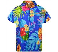 KING KAMEHA Camisa hawaiana para hombre, estilo informal, con botones, manga corta, unisex, estampado de flores, playa, surf, fiesta, piña, Piña New Print Azul, Medium