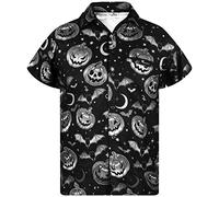 King Kameha Camisa hawaiana para hombre Funky Casual con botones de manga corta, unisex Halloween Scary Pumpkin Horror Prints, Bate de calabaza gris, M