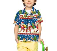 King Kameha Camisa hawaiana para niños y niñas, de manga corta, con bolsillo frontal, estampado hawaiano, diseño de Navidad, Santa, unisex, 8 años