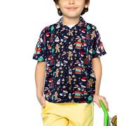 King Kameha Camisa hawaiana para niños y niñas, de manga corta, con bolsillo frontal, estampado hawaiano, diseño de Navidad, Santa, 8 años