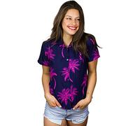 King Kameha Funky-Blusa-Camisa-Hawaiana, Manga-Corta, Palm-Shadow, Azul-Marino-Rosa, S