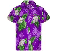 KING KAMEHA Funky - Camisa hawaiana casual para niños y niñas, bolsillo frontal, manga corta, unisex, estampado de flores, 2 a 14 años, Flor Pequeña Morada, 10 años