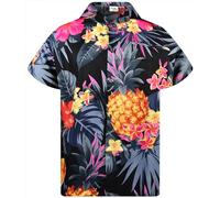 King Kameha Funky - Camisa hawaiana de manga corta para hombre, bolsillo frontal, diseño de hojas de palma, piña, Piña Negro Gris, XXXXL