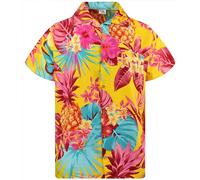 King Kameha Funky - Camisa hawaiana de manga corta para hombre, bolsillo frontal, diseño de hojas de palma, piña, Piña amarillo, XXL