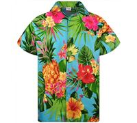 King Kameha Funky - Camisa hawaiana de manga corta para hombre, bolsillo frontal, diseño de hojas de palma, piña, Piña turquesa, S