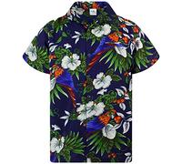 King Kameha Funky Camisa-Hawaiana, Manga-Corta, Cherry-Parrot, Azul-Oscuro, 5XL