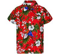 King Kameha Funky Camisa-Hawaiana, Manga-Corta, Cherry-Parrot, Rojo, XS