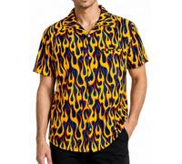 King Kameha Funky-Camisa-Hawaiana, Manga-Corta, Flames-Allover, Amarillo-Azul, 6XL