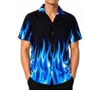 King Kameha Funky-Camisa-Hawaiana, Manga-Corta, Flames, Azul, XL