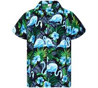 King Kameha Funky Camisa-Hawaiana, Manga-Corta, Flamingo-Flowers, Negro-Azul, L