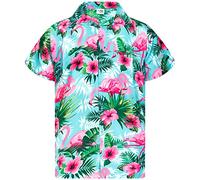 King Kameha Funky Camisa-Hawaiana, Manga-Corta, Flamingo-Flowers, Turquesa-Rosa, L