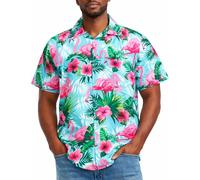 King Kameha Funky Camisa-Hawaiana, Manga-Corta, Flamingo-Flowers, Turquesa-Rosa, XXL