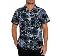 King Kameha Funky Camisa-Hawaiana, Manga-Corta, Green-Leaves-Purple-Flower, Mono-Negro, L