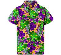 King Kameha Funky Camisa-Hawaiana, Manga-Corta, Green-Leaves-Purple-Flower, Naranja, XXL