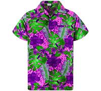 King Kameha Funky Camisa-Hawaiana, Manga-Corta, Green-Leaves-Purple-Flower, Rosa, 4XL