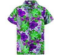 King Kameha Funky Camisa-Hawaiana, Manga-Corta, Green-Leaves-Purple-Flower, Turquesa, XL