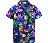 King Kameha Funky Camisa-Hawaiana, Manga-Corta, JK-Flamingo-Melon-Print, Azul, 4XL