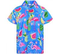 King Kameha Funky Camisa-Hawaiana, Manga-Corta, JK-Flamingo-Melon-Print, Azul-Indigo, 3XL