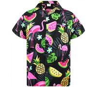 King Kameha Funky Camisa-Hawaiana, Manga-Corta, JK-Flamingo-Melon-Print, Negro, XL