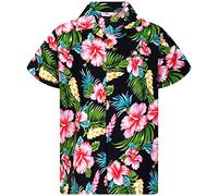King Kameha Funky Camisa-Hawaiana, Manga-Corta, JK-Hibiscus-New, Negro, L