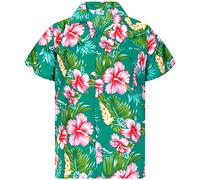 King Kameha Funky Camisa-Hawaiana, Manga-Corta, JK-Hibiscus-New, Verde-Petróleo, 4XL