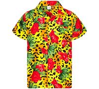 King Kameha Funky Camisa-Hawaiana, Manga-Corta, Leopard-Flowers, Amarillo, L