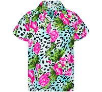 King Kameha Funky Camisa-Hawaiana, Manga-Corta, Leopard-Flowers, Azul-Claro, L