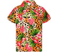 King Kameha Funky Camisa-Hawaiana, Manga-Corta, Leopard-Flowers, Naranja, L
