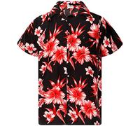 King Kameha Funky Camisa-Hawaiana, Manga-Corta, Mono-Flowers, Negro-Rojo, 6XL